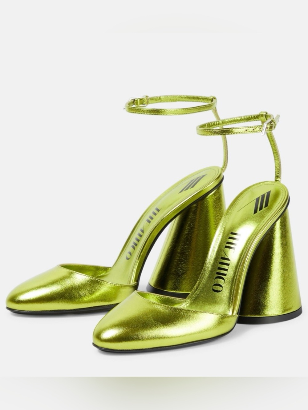 The Attico Luz Leather Metallic Lime Green Ankle-Strap Pumps, Size 7.5